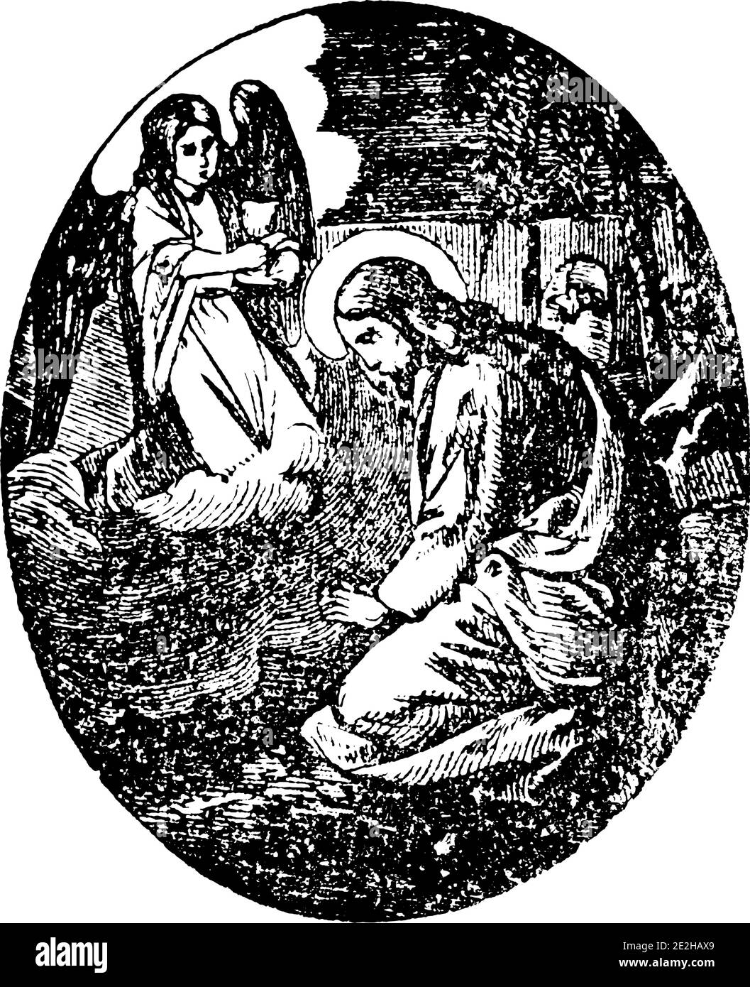 Gesù Cristo che parla con cherubino o angelo.Antique annata biblica cristiana incisione o drawing.Bible, nuovo Testamento Illustrazione Vettoriale