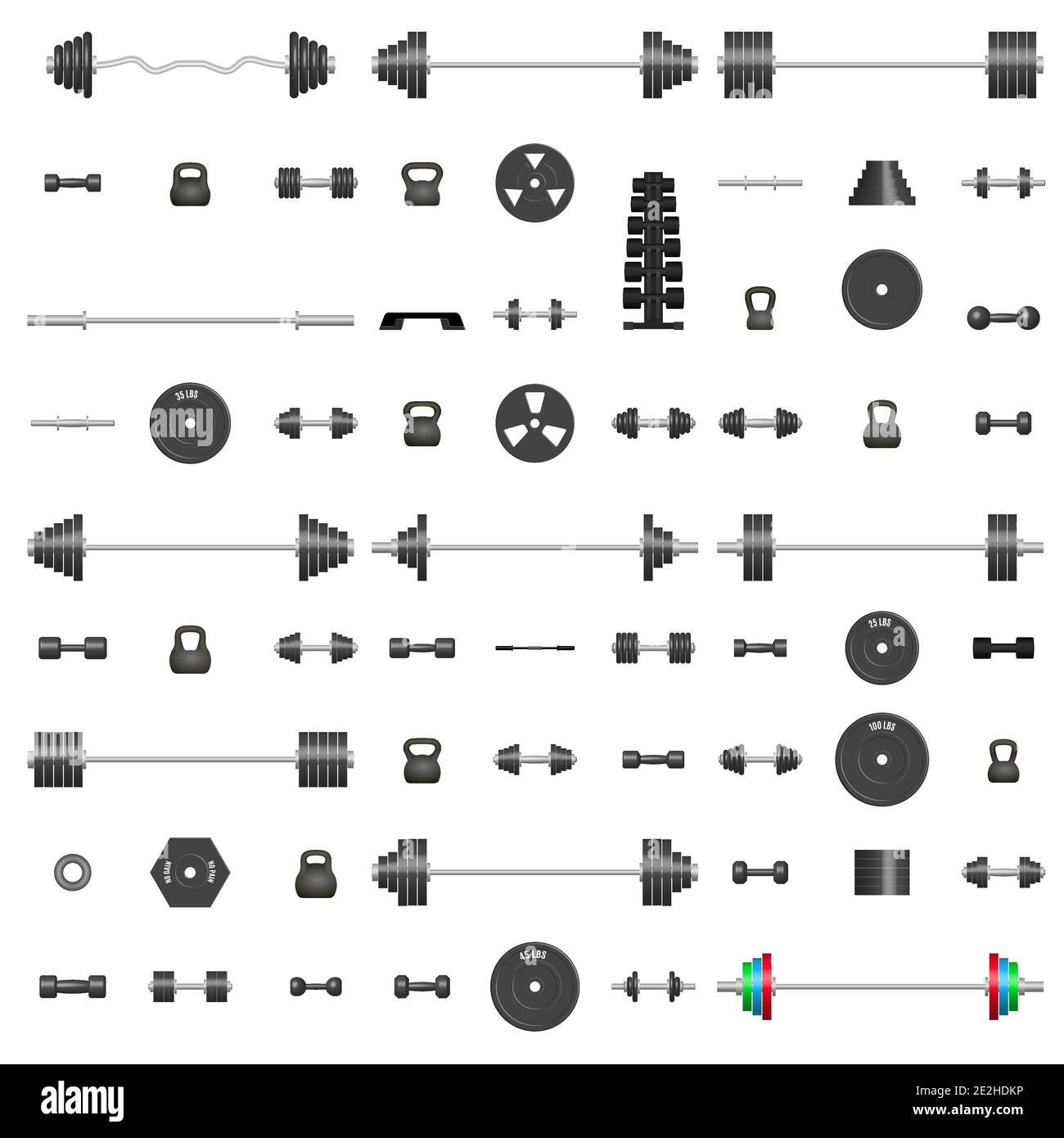 Grande set di attrezzature sportive 3D. Elementi di design per palestra e sala fitness. Vista frontale, illustrazione vettoriale. Illustrazione Vettoriale