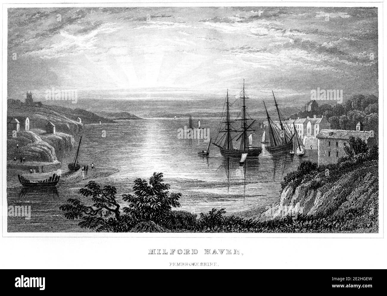Un'incisione di Milford Haven, Pembrokeshire scannò ad alta risoluzione da un libro pubblicato nel 1854. Creduto esente da copyright. Foto Stock