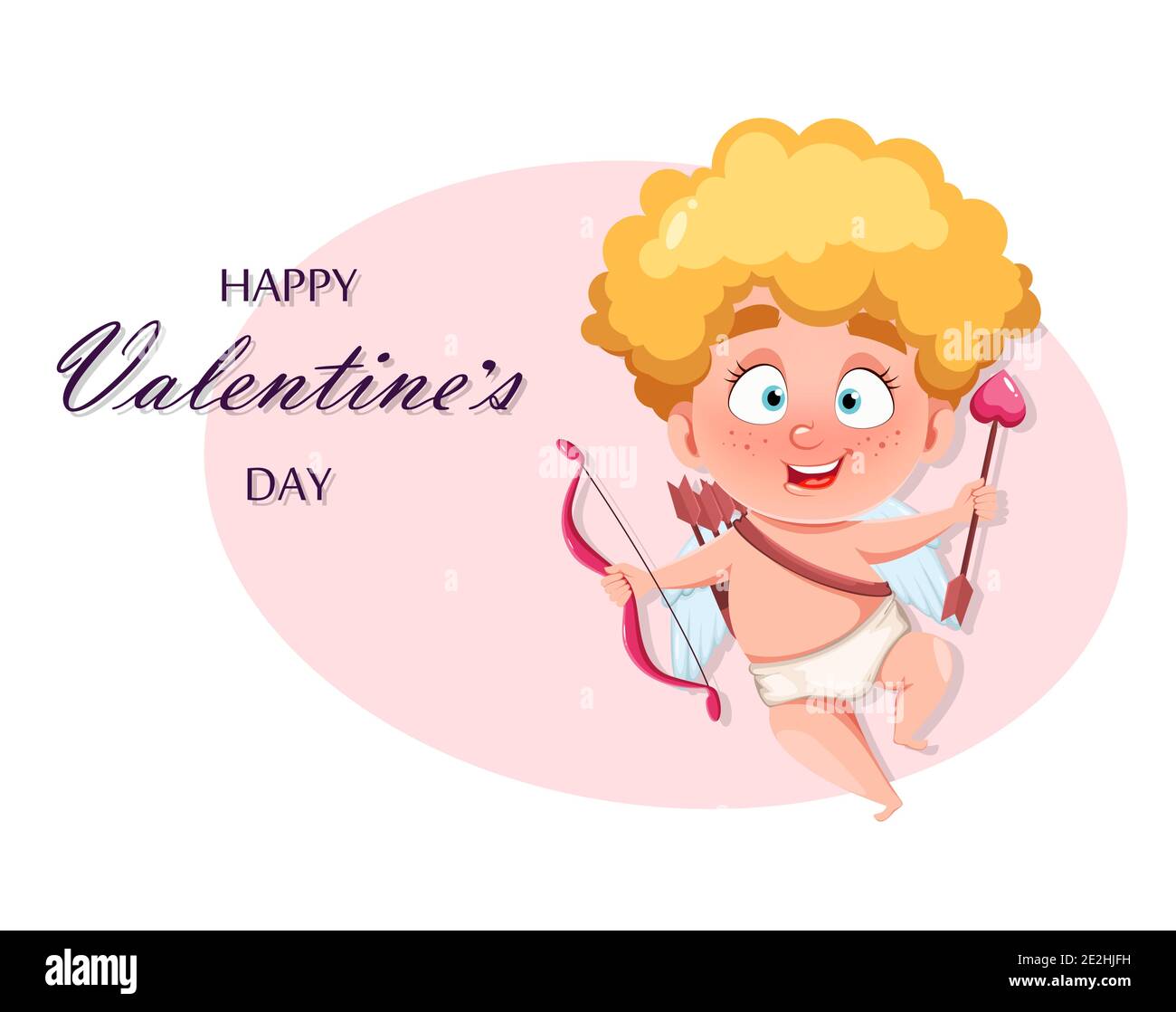 Buon giorno di San Valentino. Biglietto d'auguri con simpatico Angelo Cupido divertente che tiene arco e freccia. Personaggio dei cartoni animati di Amur. Illustrazione vettoriale stock Illustrazione Vettoriale