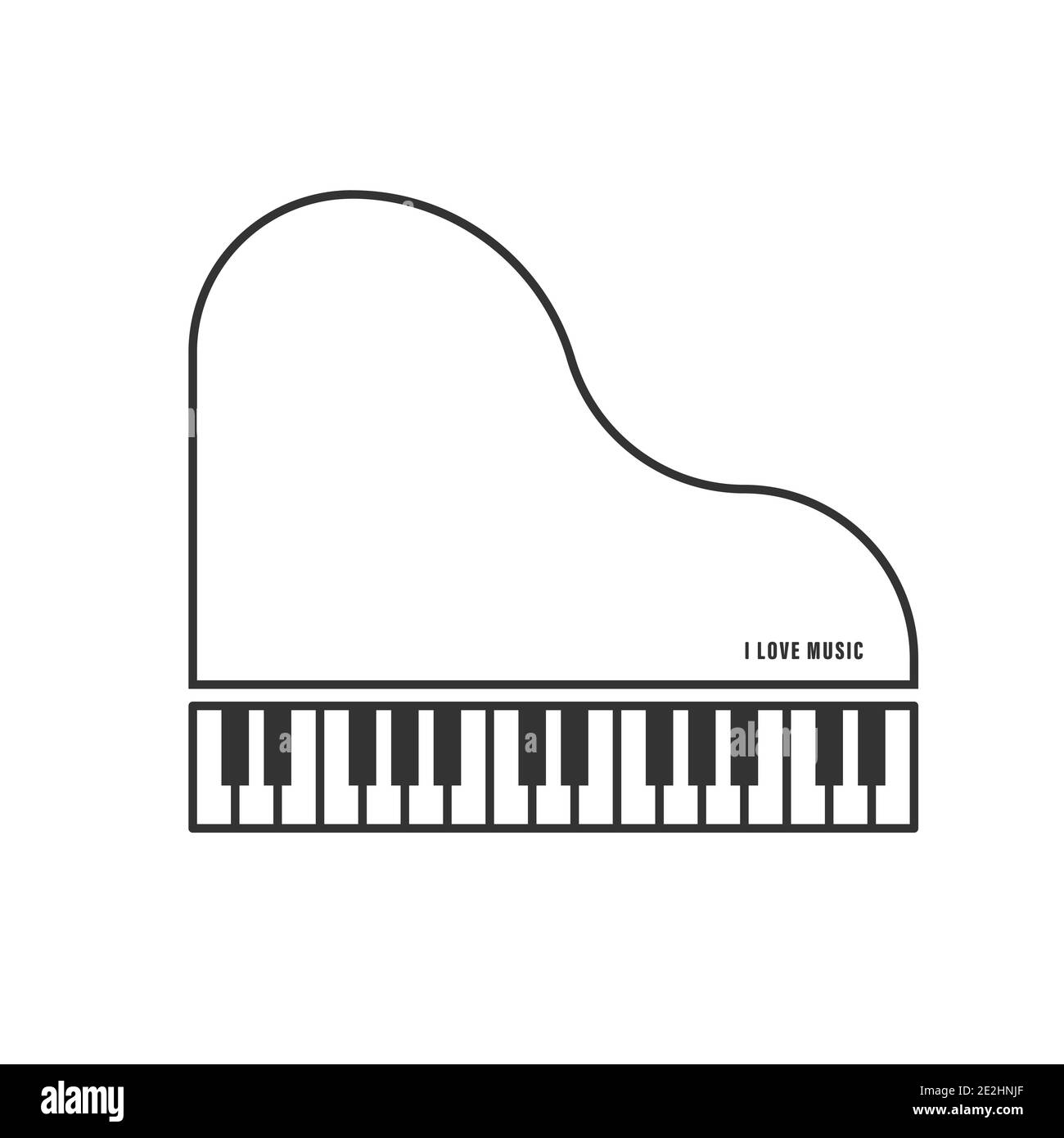 Contorno illustrazione di un pianoforte con l'iscrizione Io amo la musica, stile piatto Illustrazione Vettoriale
