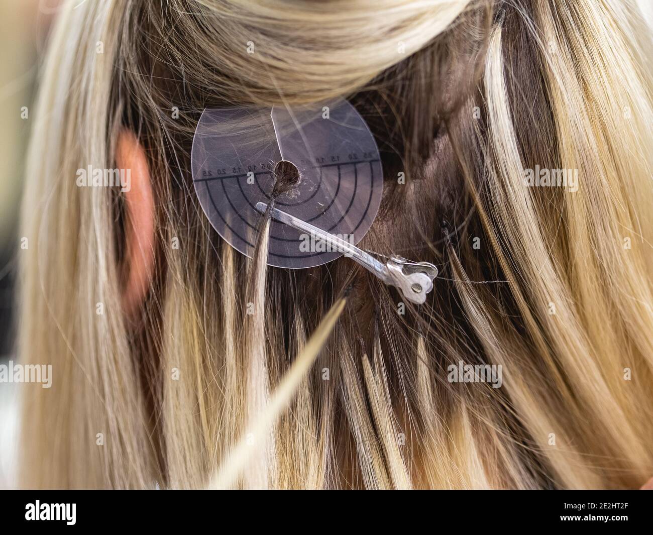 Applicazione di estensioni per capelli, procedura di correzione in salone di bellezza Foto Stock