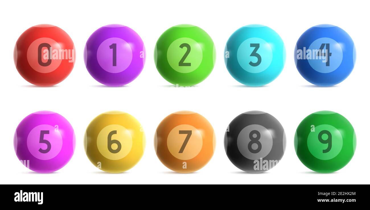 Palline della lotteria di Bingo con numeri da zero a nove. Insieme  vettoriale realistico di palle di colore lucido per gioco di lotto keno o  biliardo. sfere lucide 3d per il gioco