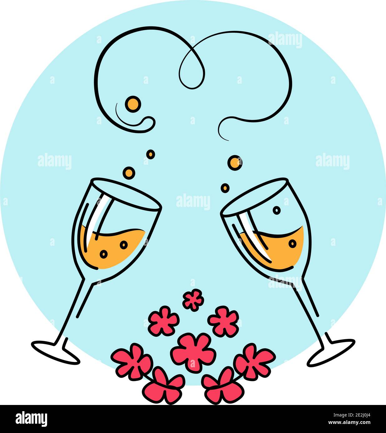 Vector Illustrazione di due bicchieri di vino, coppia di champagne e fiori per San Valentino, matrimonio, fidanzamento, matrimonio, compleanno. Congratulazioni Illustrazione Vettoriale