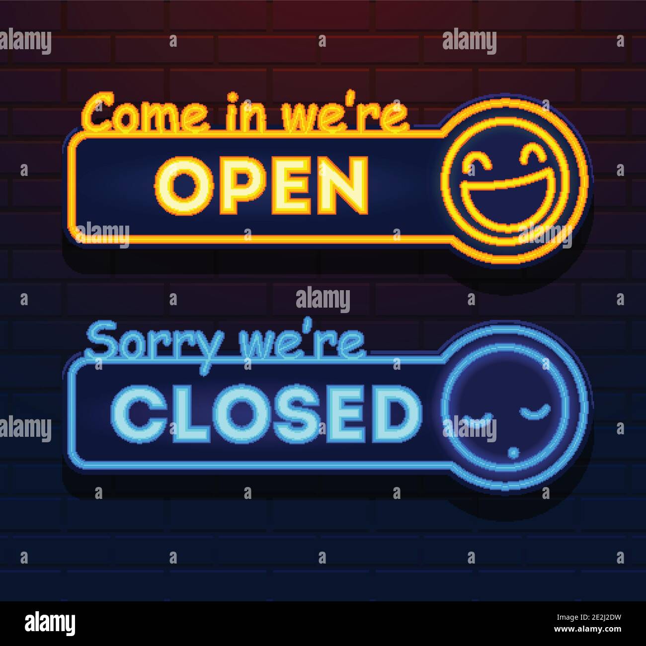 Neon segni vettoriali aperti e chiusi. Luci Apri chiuso Vector conservare i cartelli su una parete di mattoni. Vieni dentro siamo aperti. Siamo spiacenti di essere chiusi. Vettore Illustrazione Vettoriale