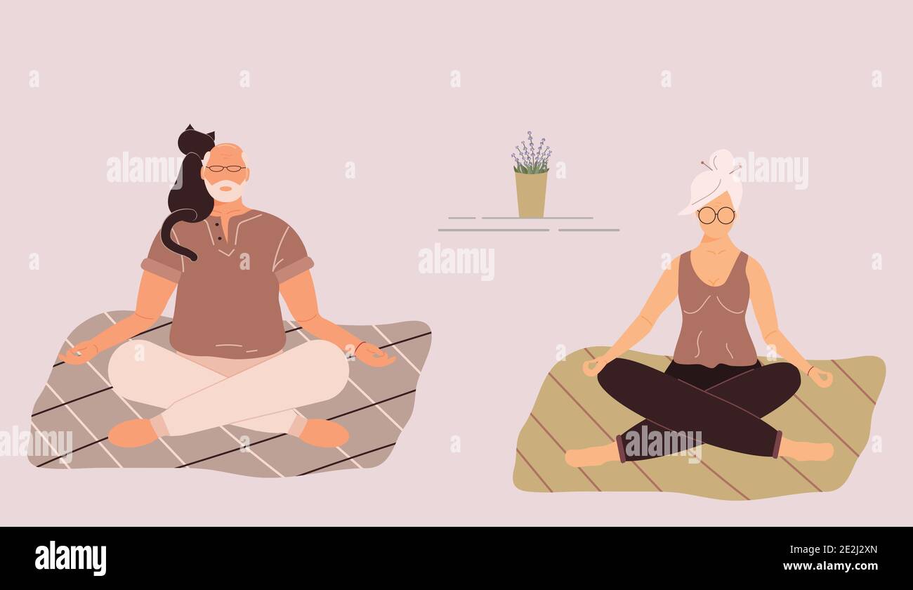 Anziana divertente donna e uomo in yoga lotus posizione facendo meditazione, pratica di consapevolezza, disciplina spirituale a casa o gym.Cute vecchia signora e maschio Illustrazione Vettoriale