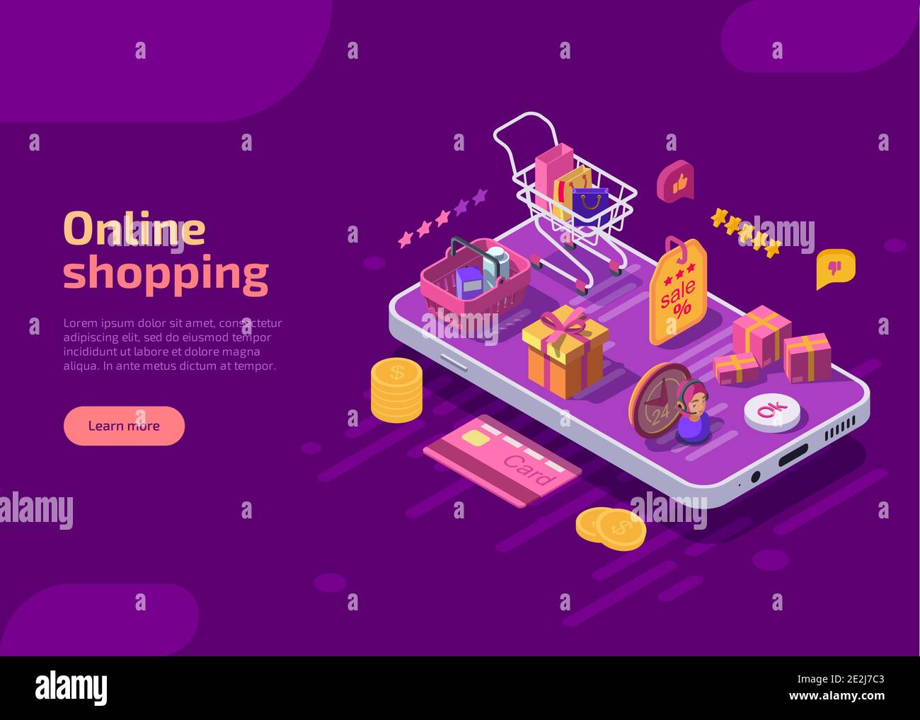 Shopping online modello di landing page isometrica, banner web su sfondo viola. Carrello del supermercato con acquisti, scatole, regali e cestino sullo schermo del dispositivo mobile. Concetto di negozio di e-commerce. Illustrazione Vettoriale