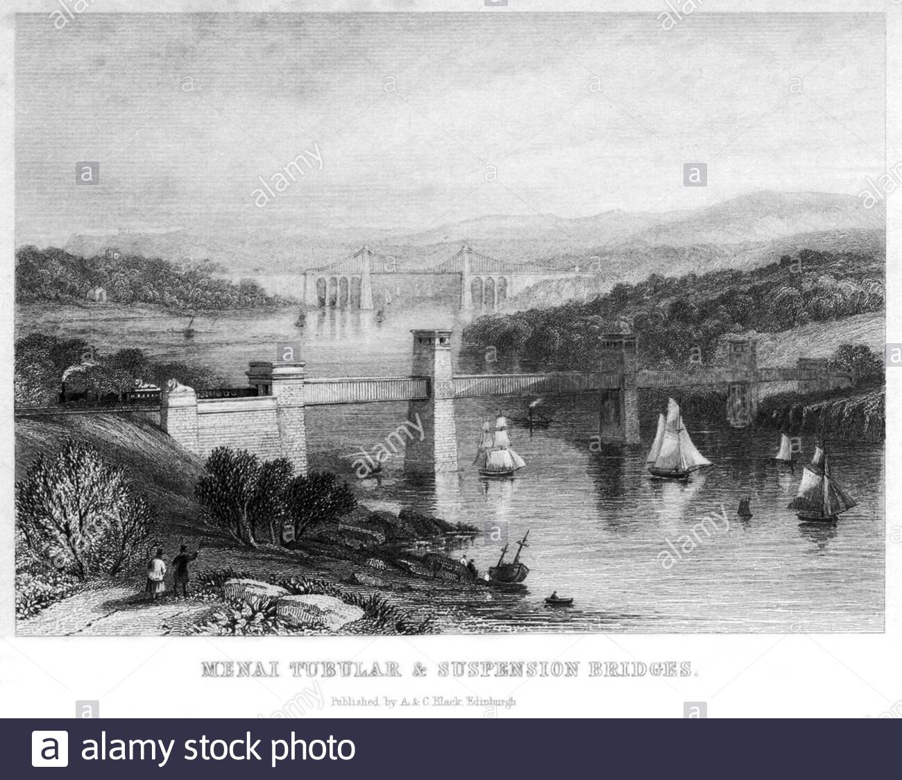 Ponte tubolare Menai (Ponte Britannia) e Ponte sospeso Menai, illustrazione d'epoca del 1886 Foto Stock