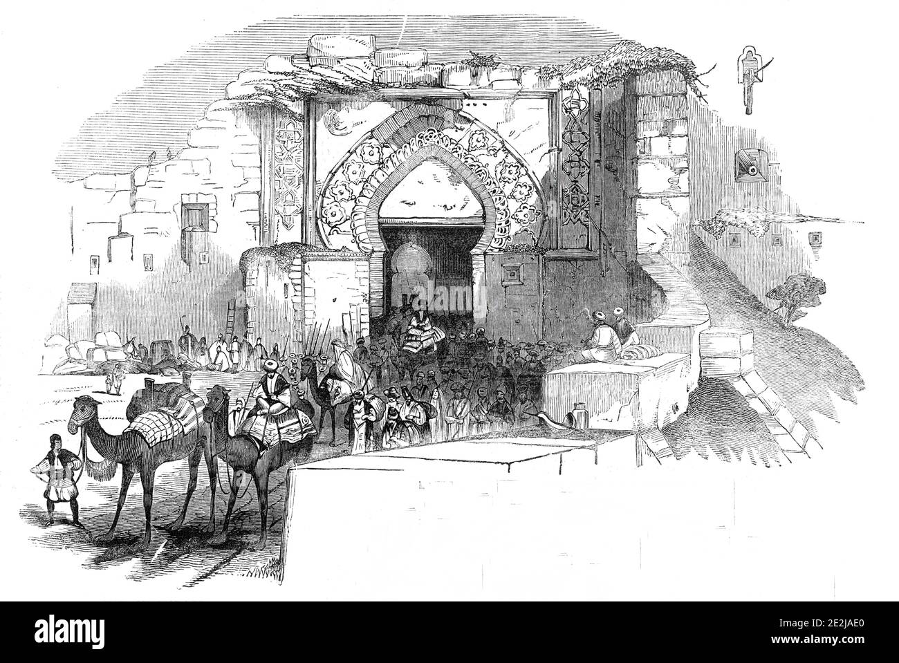 Porta di Tangeri - volo della popolazione, 1844. Scena dalla guerra franco-marocchina, mostrando '...la fuga degli abitanti, dalla porta Marshan dalla cittadella di Tangeri, durante il suo recente assedio da parte dei francesi. Questo luogo celebrato, pittoresco in sé e magnifico nelle sue relazioni - portando, come fa, il tesoro della città, ed essendo la sede del governo locale - è diventato un punto di grande importanza per gli assediatori. È stato maneggiato severamente, almeno, nell'intenzione, ma felicemente è sfuggito con poco ferimento. Durante il bombardamento, un gran numero di persone sfuggirono da Th Foto Stock Porta di Tangeri - volo della popolazione, 1844. Scena dalla guerra franco-marocchina, mostrando '...la fuga degli abitanti, dalla porta Marshan dalla cittadella di Tangeri, durante il suo recente assedio da parte dei francesi. Questo luogo celebrato, pittoresco in sé e magnifico nelle sue relazioni - portando, come fa, il tesoro della città, ed essendo la sede del governo locale - è diventato un punto di grande importanza per gli assediatori. È stato maneggiato severamente, almeno, nell'intenzione, ma felicemente è sfuggito con poco ferimento. Durante il bombardamento, un gran numero di persone sfuggirono da Th Foto Stock