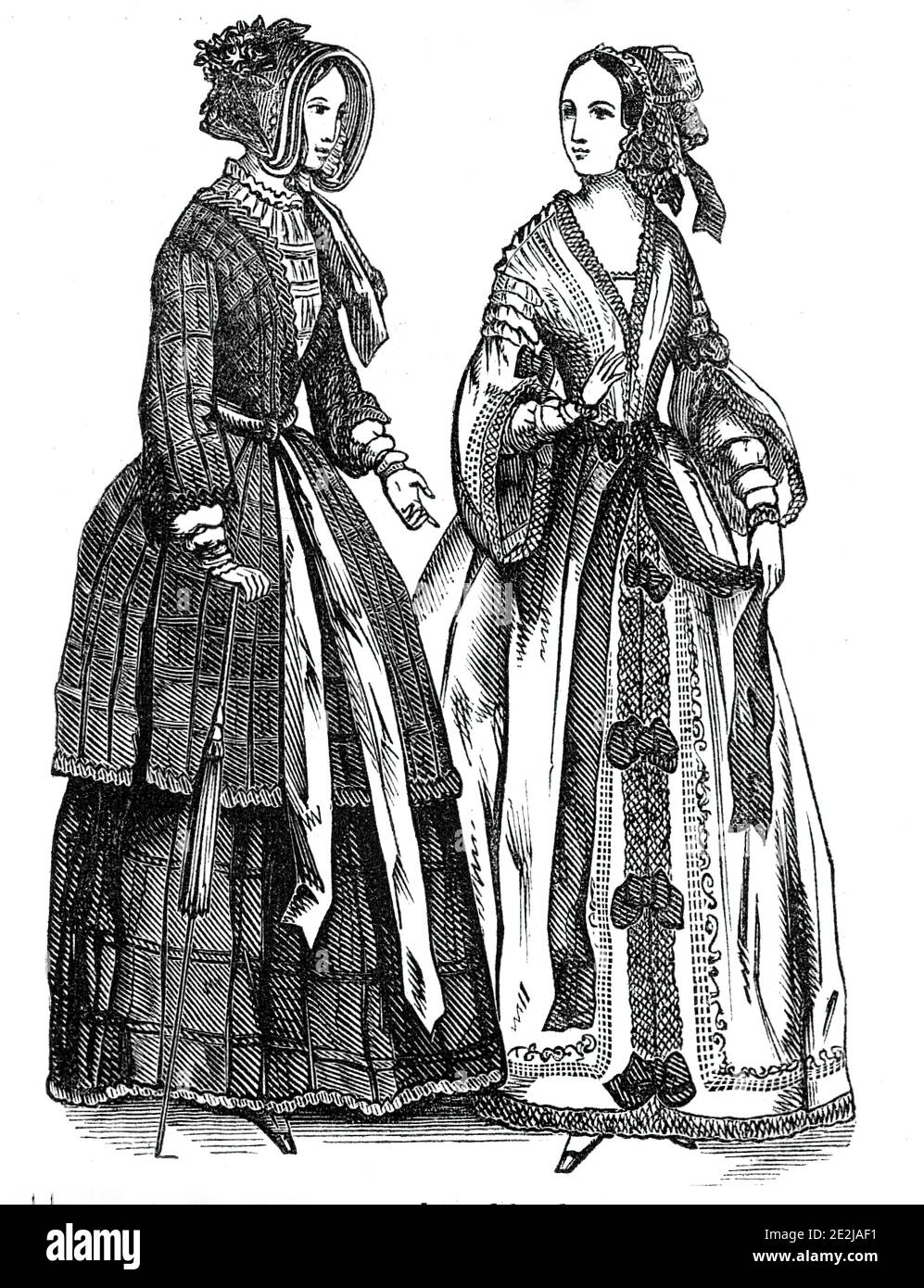 Moda per settembre 1844. A sinistra: Un abito da sera ricamato in organdia bianca, rifinito con archi in raso rosa e frassino. Un cappello in pizzo, rifinito con nastri di raso viola. A destra: 'Un abito da passeggiata, composto da seta camelion controllata, rifinito con cavatappi di nastro di raso, con un raso di raso rosa. Cappello composto da paille de riz, e nastro di raso posto alternativamente, e ornato con pizzo e fiori'. Da "Illustrated London News", 1844, Vol V. Foto Stock