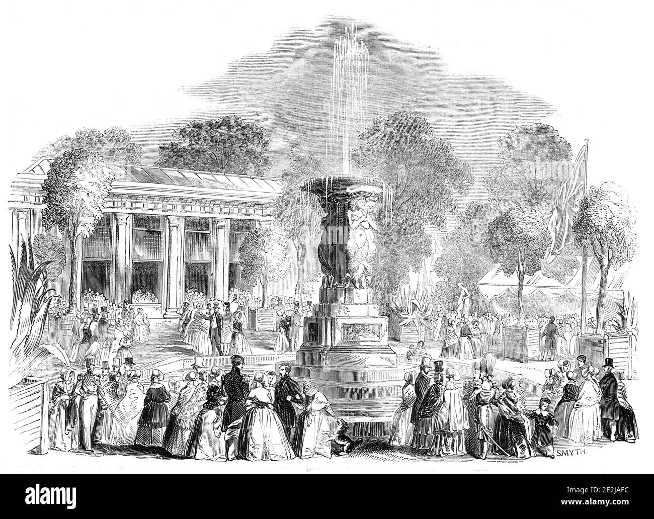 Grand Fete al Monte Edgecumbe - il Bazaar e i Giardini Italiani, 1844. Evento tenuto alla Casa di Mount Edgcumbe in Cornovaglia, 'in aiuto dei fondi del Devon e Cornovaglia femmina orfano asilo, e del Devon del Sud e dell'Ospedale della Cornovaglia Est'. Questa vista mostra i visitatori all'esterno dell'Orangerie. Da "Illustrated London News", 1844, Vol V. Foto Stock