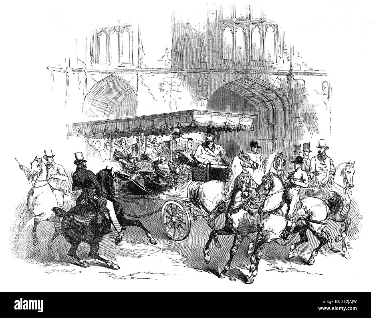 Il Char-a-banc presentato a sua Maestà dal Re dei francesi, 1844. La Regina Vittoria e il Re Luigi Filippo di Francia si possono raggiungere dall'ingresso della Regina al Castello di Windsor a Twickenham. 'Questo elegante veicolo è una modifica della famiglia jaunting van della Normandia... è costruito per ospitare otto persone; il corpo della carrozza essendo diviso in quattro posti a sedere doppi. Una cappottatura ordinata, sostenuta da pilastri in ottone, protegge l'azienda dal sole...l'intelaiatura del carrello è leggera, ma sostanziale, saldamente cingolata con raccordi in ferro, e adatta al traffico di strade più ruvide di quelle che sono o. Foto Stock