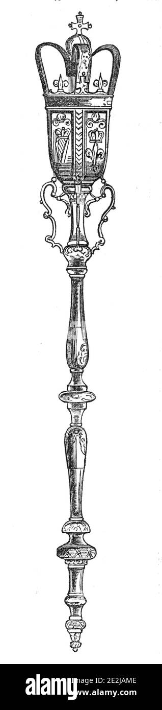 Il Mace, 1844. Macis cerimoniale del Signore Sindaco della città di Londra. 'La mazza rappresenta il potere delegato della Corona, che detiene come rappresentante di sua Maestà; ...it misura cinque piedi tre pollici; è formata di oro d'argento, ed è abbellita da una corona e da emblemi regali. E' stato presentato, a nostro avviso, da Carlo II». Da "Illustrated London News", 1844, Vol V. Foto Stock