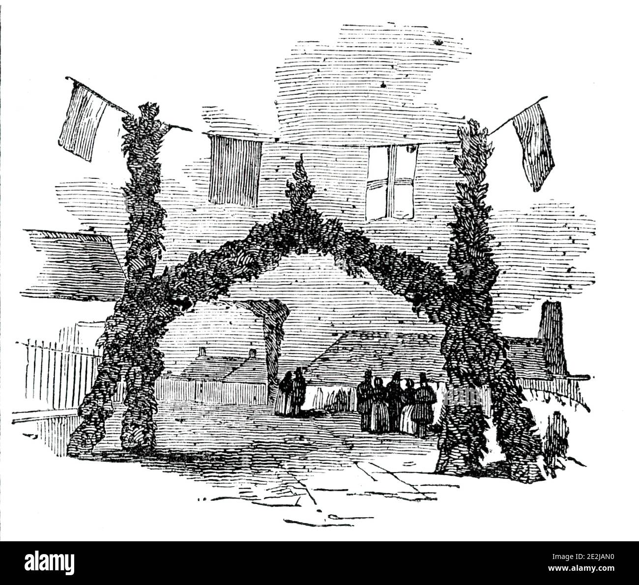 Arch a Duddington, 1844. 'Arco festale' nel Northamptonshire, eretto in onore della Regina Victoria che stava alloggiando alla vicina Burghley House. Da "Illustrated London News", 1844, Vol V. Foto Stock