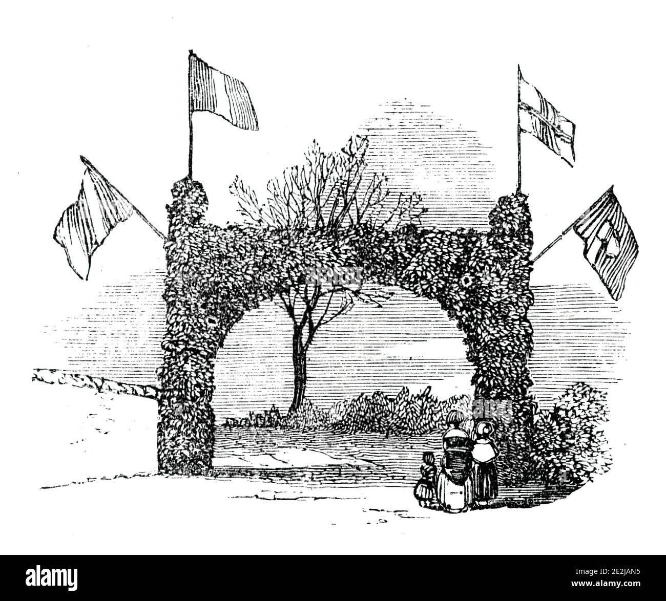 Arch a Easton, 1844. 'Arco festale' nel Northamptonshire, eretto in onore della Regina Victoria che stava alloggiando alla vicina Burghley House. Da "Illustrated London News", 1844, Vol V. Foto Stock