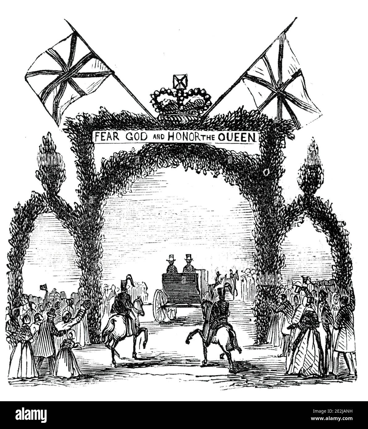 Arch a Broughton, 1844. 'Arco festale' nel Northamptonshire, eretto in onore della Regina Victoria che stava alloggiando nella vicina Burghley House. L'arco è sormontato da una corona e Union Jack bandiere, con un segno che recita: 'Temete Dio e onorate la Regina. '...una delle arcate piu' costruite con gusto, nel villaggio di Broughton...dove i preparativi erano estesi. "L'ingresso e l'uscita dal luogo", dice il Northampton Herald, "sono stati ornati con archi trionfali, formati di sempreverdi e fiori disposti con gusto, e l'intera popolazione del villaggio decked Foto Stock