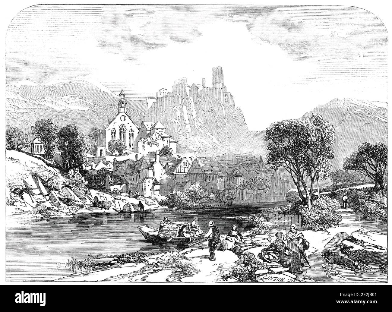 Beilstein sulla Mosella - di J.D. Harding - dalla nuova mostra acquerello, 1845. 'Questa incantevole foto - una piccola - è stata acquistata per trenta guineas... è certamente uno dei disegni più squisitamente rifiniti nella Galleria della Società dei Pittori in acquerelli. La scena ha molte delle caratteristiche del sistema del Reno (a cui la Mosella appartiene)...'. Da "Illustrated London News", 1845, Vol VII Foto Stock