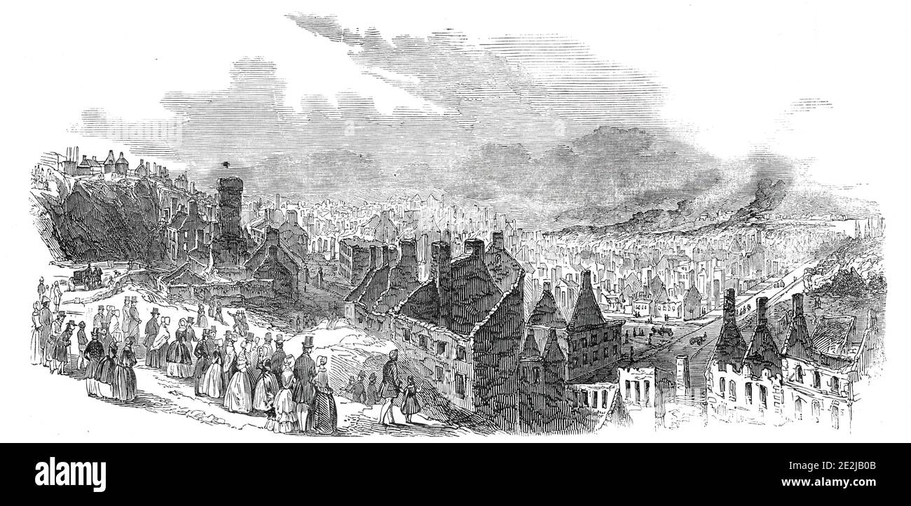 St. Rocks, Québec, dopo il fuoco ritardato - abbozzato da un corrispondente, 1845. Devastazione in Canada: 'La scena della desolazione e della disperazione è al di là del potere umano per descrivere... i rifugiati sfortunati si sono ceduti alla disperazione apatica. Da strada a strada si sono recati, pieni di figli e dei beni più preziosi delle loro famiglie, ma ancora la causa insaziata della loro sfortuna ha tracciato il loro cammino con furia incessante. Nel maggior numero di casi, i detenuti di abitazioni sono scappati a malapena con la loro vita, e molti di questi sono stati gravemente bruciati... donne, bambini Foto Stock