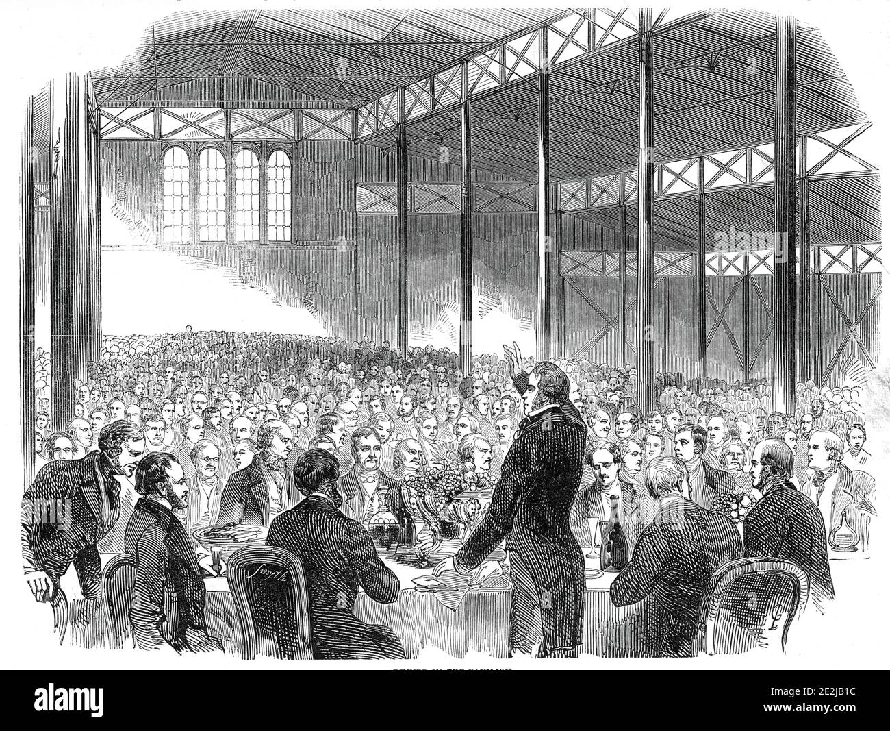 Cena al Pavilion, Royal Agricultural Society's Show, Shrewsbury, 1845. I contadini e i proprietari terrieri al '...The Pavilion Dinner, dove e' stato fornito alloggio per 1200 persone'. Lo spettacolo della Royal Agricultural Society si è svolto ogni anno. Da "Illustrated London News", 1845, Vol VII Foto Stock