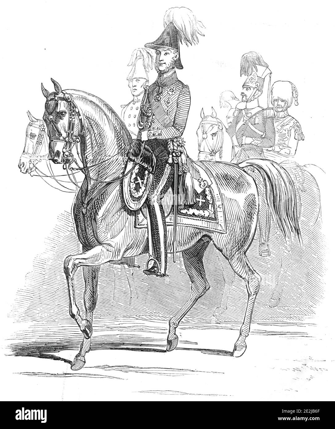 Re Guglielmo II dei Paesi Bassi, 1845. 'Sketch dalla Grand Review di Hyde Park [a Londra]...sua Maestà il Re dei Paesi Bassi e una numerosa suite di ufficiali generali recensero le truppe di famiglia e alcuni altri reggimenti...il Re...era a cavallo, E stanco nell'uniforme di un maresciallo da campo dell'esercito britannico... quando sua Maestà entrò nelle porte del parco, l'artiglieria sparò un saluto reale di 21 cannoni, E sul re apparendo davanti alle truppe, le bande di tutti i reggimento suonarono l'aria nazionale olandese, "Wilhelm Van Nassau", e, in seguito, "Dio salva t Foto Stock