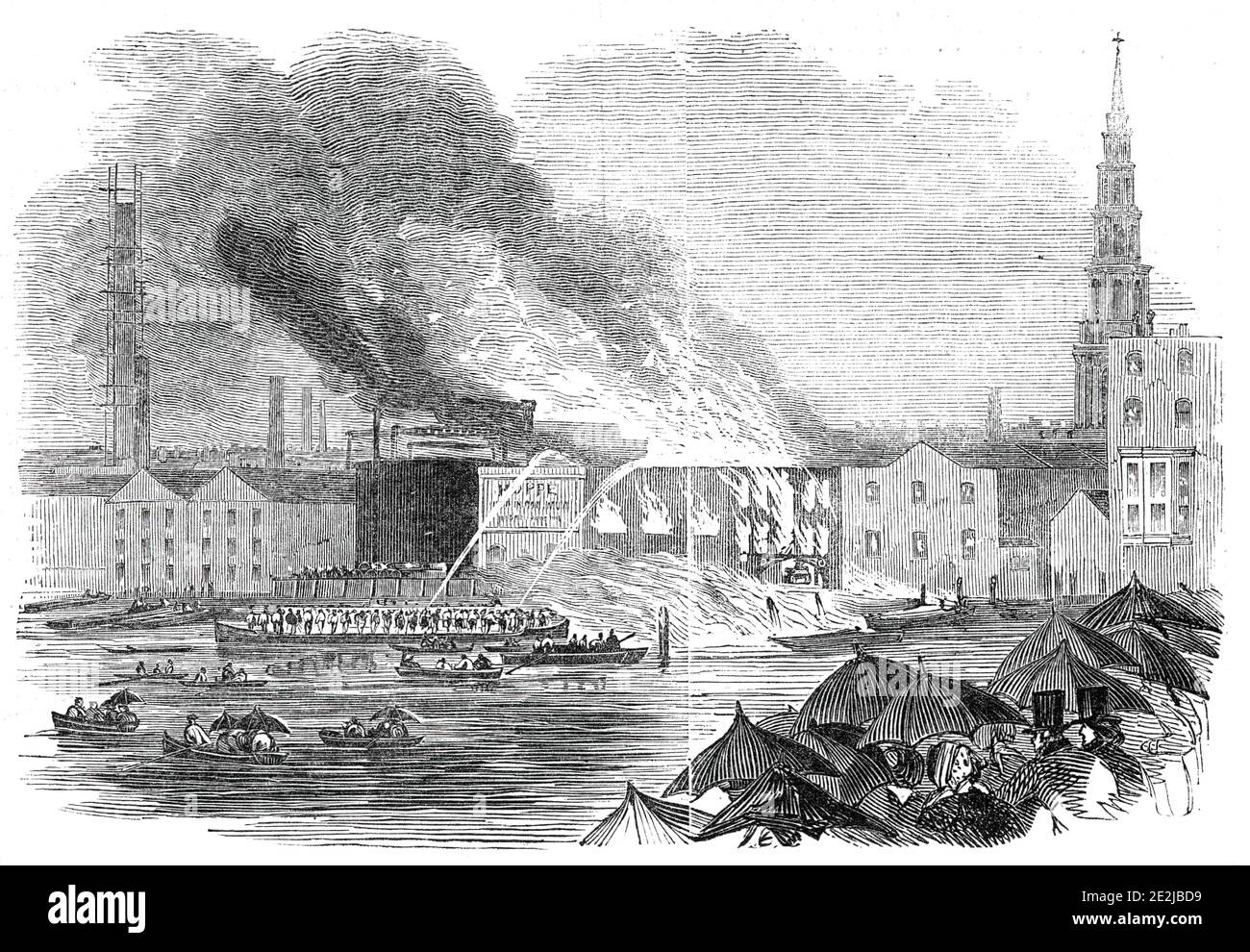 Conflagrazione a Sir C. Price's Wharf, Blackfriars, 1845. La londinese vigili del fuoco tentava di estinguere un incendio del '...in i magazzini appartenenti a Sir Charles Price e Co., olio e colormen... adiacente Blackfriars-bridge... ora i timori degli abitanti sono stati sollevati a un passo doloroso, Per evitare un'esplosione di gas - nel qual caso ci deve essere stata una devastazione spaventosa... l'uomo che ha perso la vita è noto di aver lavorato al motore che è stato distrutto; con ogni probabilità, si è perso la strada quando si ritirò, e, invece di saltare nel fiume, è diventato fisso contro Foto Stock