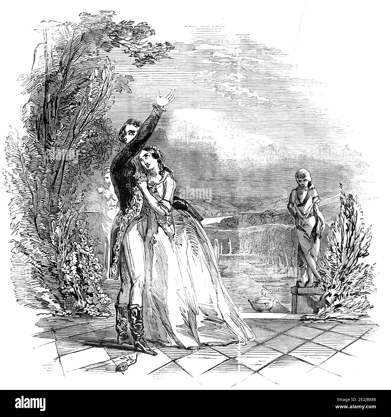 Scena da "la Signora di Lione" al Teatro Haymarket, 1845. Produzione teatrale londinese di "la Signora di Lione; o, Amore e Pride", un melodramma romantico scritto nel 1838 da Edward Bulwer-Lytton, 1° barone Lytton. '...la prima scena del secondo atto...Claude Melnotte (MR Anderson), fingendo di essere il Principe di Como, sta parlando a Paolina (la signorina Helen Fawcit) del suo palazzo immaginario...'. Da "Illustrated London News", 1845, Vol VII Foto Stock