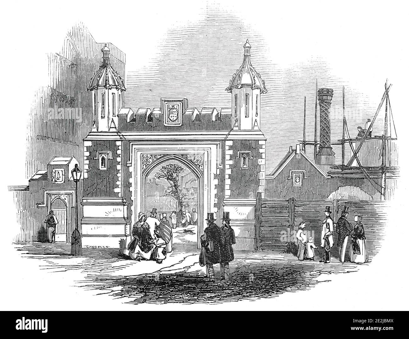 Ingresso, Lincoln's Inn Fields, 1845. Lavori di costruzione al Lincoln's Inn, uno degli Inns of Court di Holborn a Londra. Il nuovo complesso è stato progettato da Philip Hardwick. "Il Gateway si trova all'estremità meridionale del piano, in linea con il fronte occidentale. Si tratta di un arco ottagonale, fiancheggiato da due pilastri ottagonali, sormontato da cupole, il tutto splendidamente eseguito in pietra arenaria...'. Da "Illustrated London News", 1845, Vol VII Foto Stock