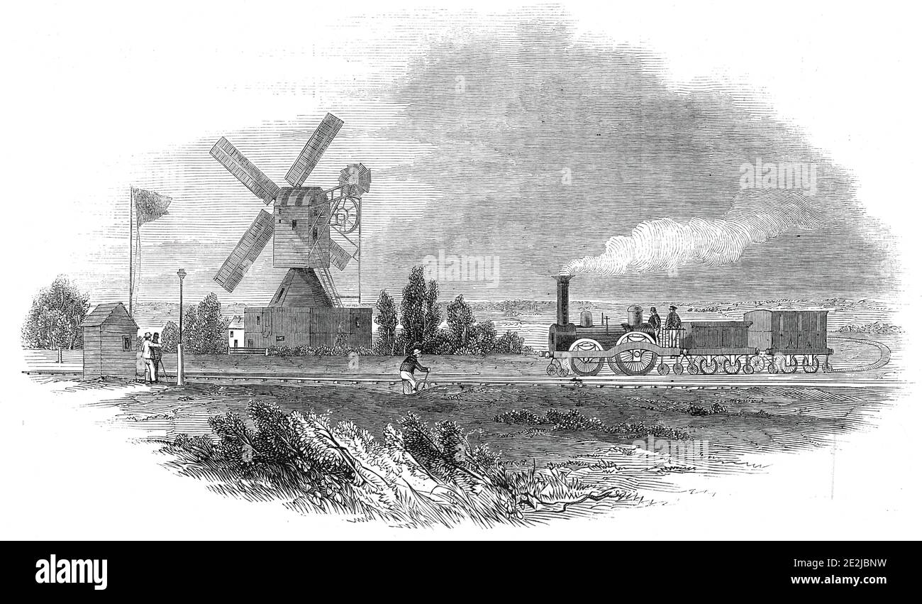 Prosser's Wooden Railway, Wimbledon Common, 1845. '...un sistema di Tram-ways composto interamente di legno, che l'inventore, il sig. William Prosser, sostiene essere "altrettanto conveniente, e più sicuro, più durevole, e notevolmente più economico della ferrovia di ferro." La caratteristica principale dell'invenzione è, tuttavia, un sistema di ruote di guida, brevettate dal Sig. Prosser, e che possono essere applicate sia a rotaie di ferro che di legno. I proprietari del brevetto hanno completato una linea ferroviaria su questo principio, su Wimbledon Common [a Londra]...il costo comparativo della superst Foto Stock