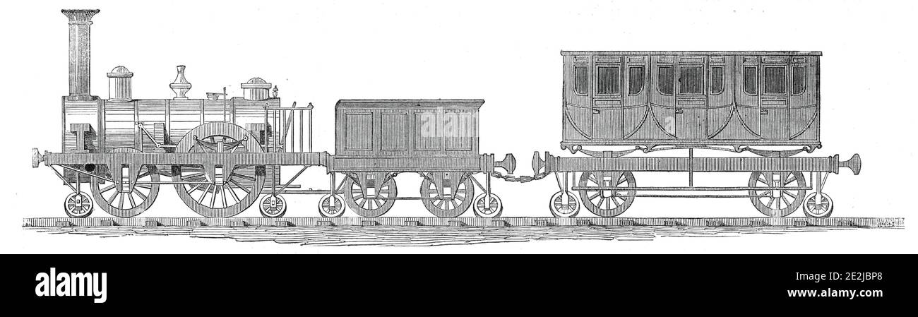 Motore, tender e carrello - vista laterale, 1845. '...un sistema di Tram-ways composto interamente di legno, che l'inventore, il sig. William Prosser, sostiene essere "altrettanto conveniente, e più sicuro, più durevole, e notevolmente più economico della ferrovia di ferro." La caratteristica principale dell'invenzione è, tuttavia, un sistema di ruote di guida, che sono state brevettate dal sig. Prosser, e che possono essere applicate sia a rotaie di ferro o di legno... le rotaie, o piuttosto i tram, di sette a otto pollici scantling, sono indurated e protetto contro fuoco, marciume, ed insetti, dall'iniezione, dal successo Foto Stock