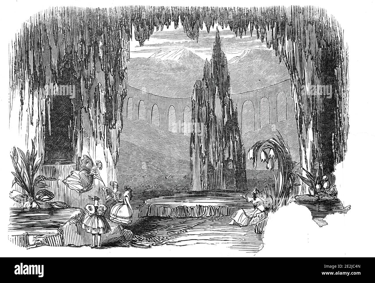 Scena della nuova pantomima di "la chiave del Regno", al Teatro della Principessa, 1845. Produzione teatrale londinese: "Il disegno di legge dice, "la storia è tratta dall'ignoto racconto della chiave ponderosa, che ha montato la serratura ponderosa, che ha bloccato le porte ponderose della grande capitale del grande regno del re Grande Gumption, monarca delle isole immaginarie di Skyaria." Dopo queste informazioni negative, tutte le ricerche sulle autorità da cui deriva il racconto sono del tutto inutili; ma c'è, tuttavia, grande promessa di avventure e disastri - di peri Foto Stock