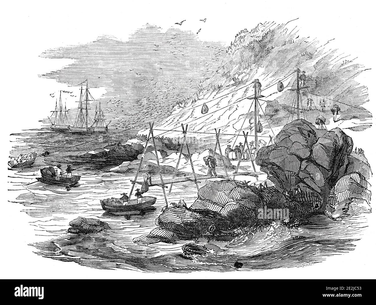 Ichaboe - modalità di spedizione del guano, 1844. Carico letame uccello al largo della costa del sud-ovest Africa. Conto del tenente Petrie: «fino al 24 maggio, solo quest'anno, dodici navi sono già arrivate a Liverpool, i cui carichi uniti ammontano a 6670 tonnellate. Un gran numero di navi sta ora caricando, per ultimo, a Ichaboe, e molte altre sono in viaggio con carichi da quel luogo, in modo che il mercato, senza dubbio, sarà immediatamente rifornito con abbondanza, a prezzi molto moderati». Questo era l'equivalente guano della corsa all'oro americana. Da "Illustrated London News", 1844 Foto Stock