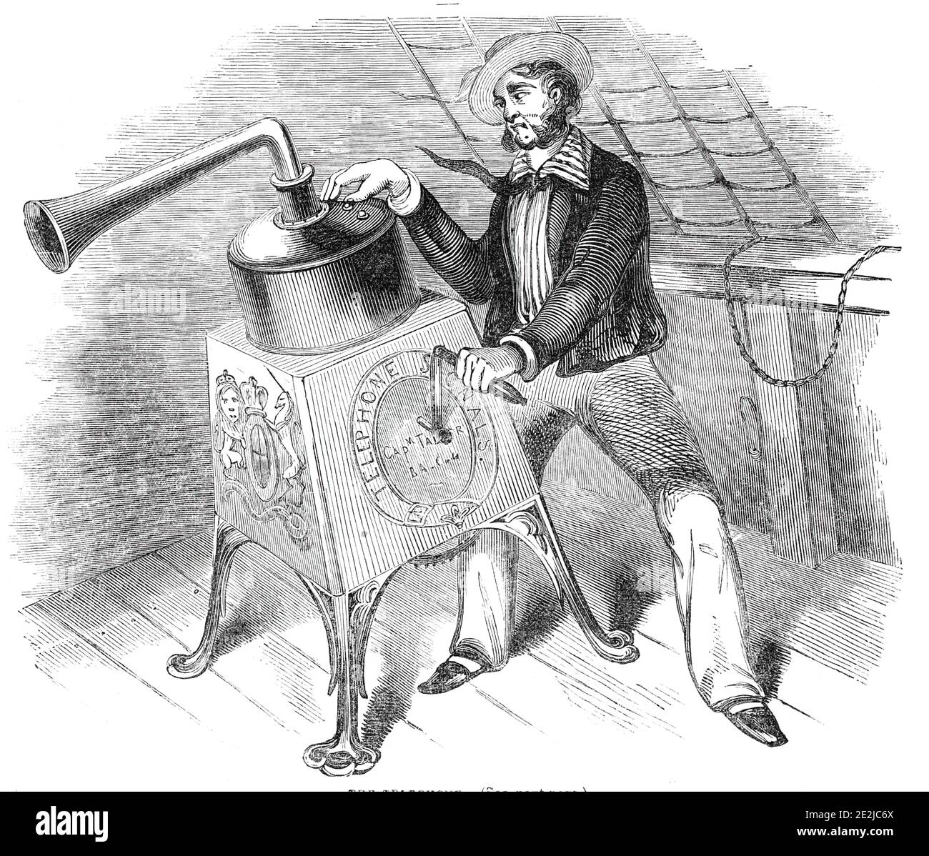 Il telefono; un alarum telegrafico, 1844. Un tipo di fieno: "Oggetto del "..." Alarum del telefono o della Marina e della Tromba del segnale", del capitano J. N. Taylor, R.N.', era quello di '...trasmettere segnali sonori alle navi in mare o in porto; di trasmettere ordini da e verso le tortine e le navi; prevenire collisioni in mare, o su ferrovia; trasmettere ordini sul campo di battaglia, da posizione a posizione, come ausiliario ai doveri dell'aide-de-camp... che spesso corre con importanti spedizioni di fronte ad un nemico in grande fretta e pericolo imminente; informare le stazioni motore in caso Foto Stock