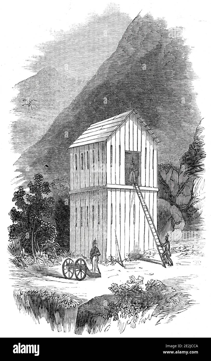 La prigione francese di casa di blocco, in cui il sig. Pritchard è stato confinato, 1844. George Pritchard, missionario britannico e console tahitiano, è stato arrestato dai soldati francesi. Da "Illustrated London News", 1844, Vol V. Foto Stock