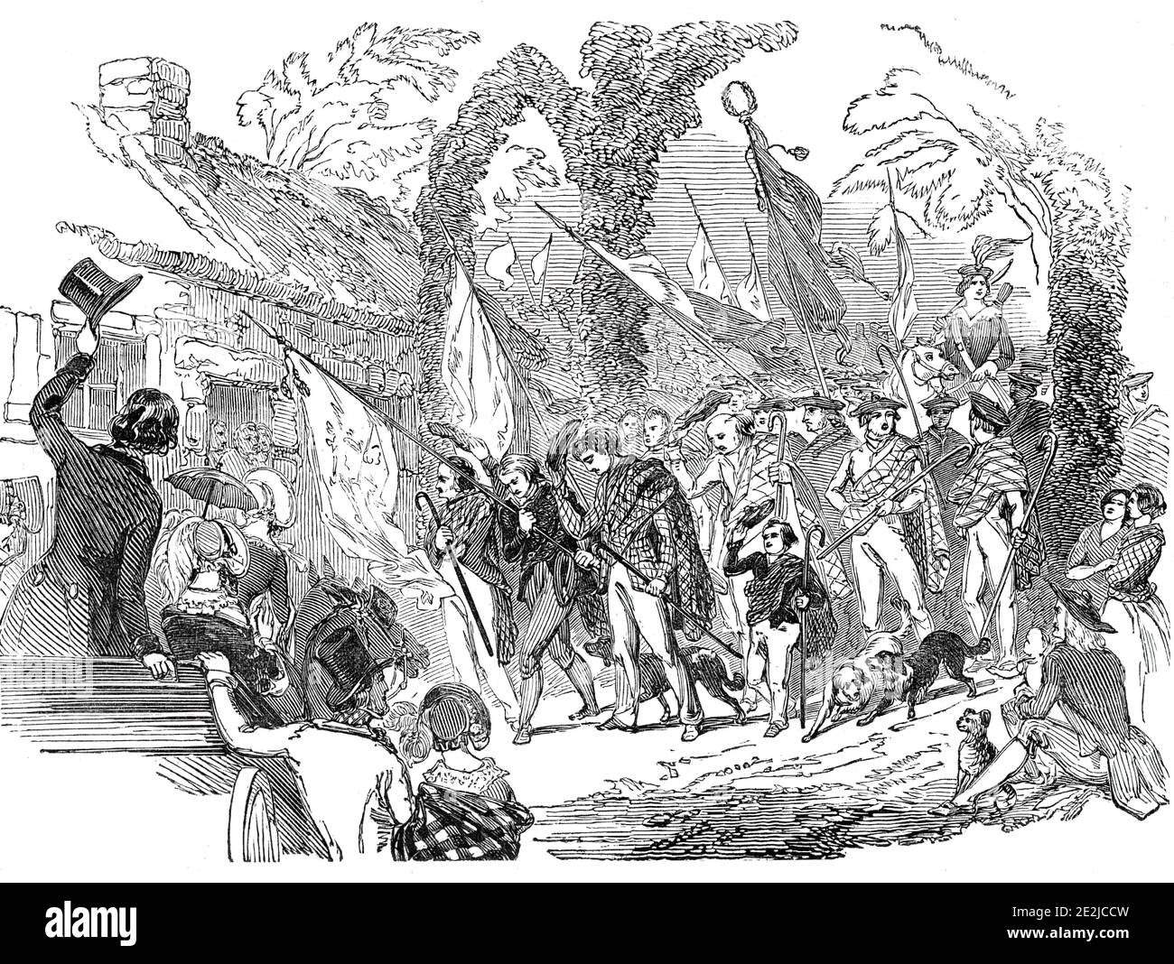 Processione dei pastori, 1844. Una processione di club, società e commerci che rendono omaggio al luogo di nascita del poeta scozzese Robert Burns a Alloway in Scozia, durante un festival che celebra la sua vita e il suo lavoro. La processione '...si fermò alcuni minuti, e poi avanzò lentamente, abbassando i loro striscioni, mentre ogni uomo offese la sua cuffia, e si prostrò riverente, nella direzione dell'umile, ma lontano-famoso cottage. Qui tutti gli occhi erano diretti al gruppo dei pastori...'. Da "Illustrated London News", 1844, Vol V. Foto Stock