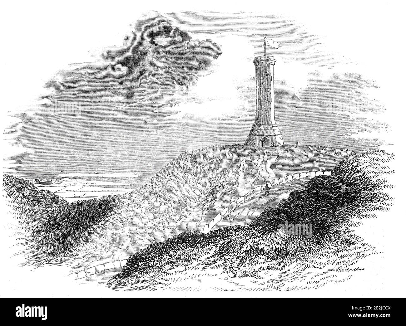 Monumento all'ammiraglio Sir Thomas Hardy, sulla collina di Blagdon, 1844. Il monumento Hardy, sulla cima del Black Down nel Dorset, fu eretto per sottoscrizione pubblica in memoria del vice ammiraglio Sir Thomas Hardy, un comandante della battaglia di Trafalgar (1805). Il sito è stato scelto perché la famiglia Hardy voleva un monumento che poteva essere utilizzato come punto di riferimento per la spedizione. Il monumento è stato esposto sulle carte di navigazione dal 1846 ed è visibile da una distanza di 60 miglia (97 km). È stato progettato per apparire come uno Spyglass, come l'ammiraglio Hardy avrebbe usato a bordo della nave. Da "Illustrated London News", Foto Stock