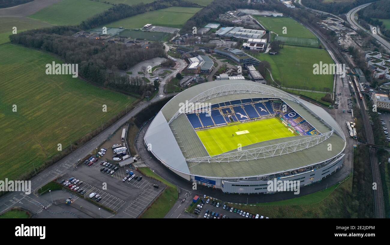 Una vista aerea dell'American Express Community Stadium home stadio di Brighton & Hove Albion Copyright 2020 © Sam Bagnall Foto Stock