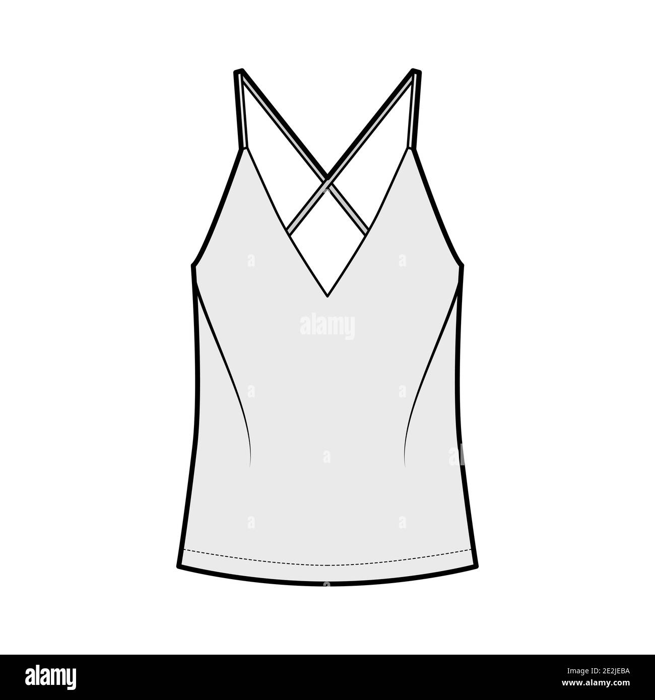 Camisole illustrazione tecnica della moda con collo a V lusinghiero, cinghie, calzata rilassata, lunghezza tonica. Modello di abbigliamento da esterno piatto, colore grigio. Donna, uomo maglia unisex top mockup CAD Illustrazione Vettoriale