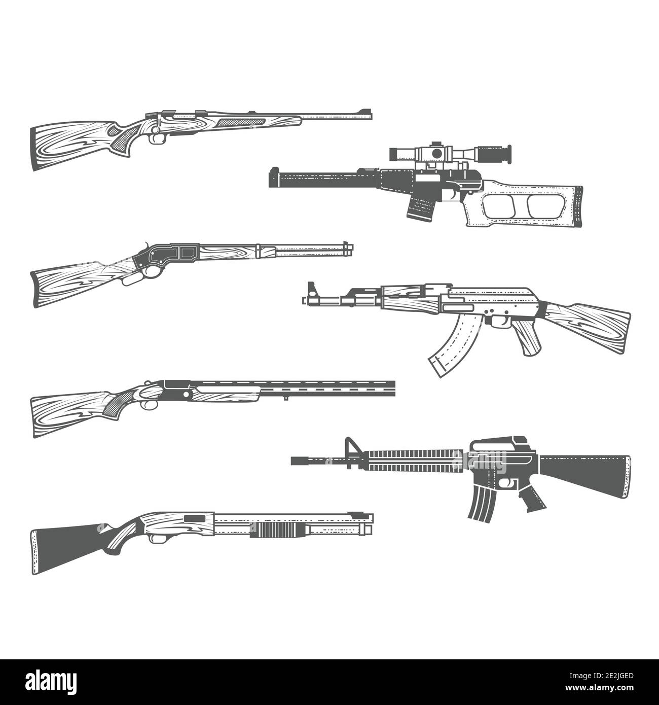 Set di armi da fuoco, fucile da caccia, fucile m16 e pistola da caccia, pistole e armi in stile grafico, vettore Illustrazione Vettoriale