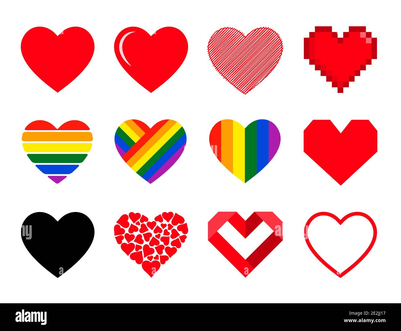 Insieme di icone dei cuori vettoriali. Simbolo d'amore. San Valentino segno, emblema isolato su sfondo bianco. Illustrazione Vettoriale