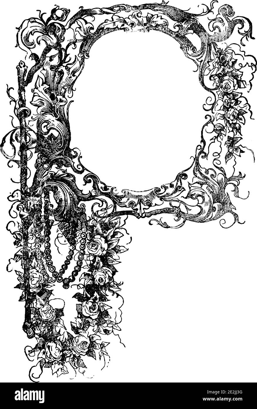 Cornice decorativa ornamentale floreale o maiuscola P. incisione o disegno d'epoca d'epoca. Illustrazione Vettoriale