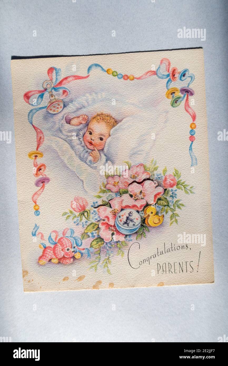 Carta Congratulazioni Baby vintage 1940 Foto Stock