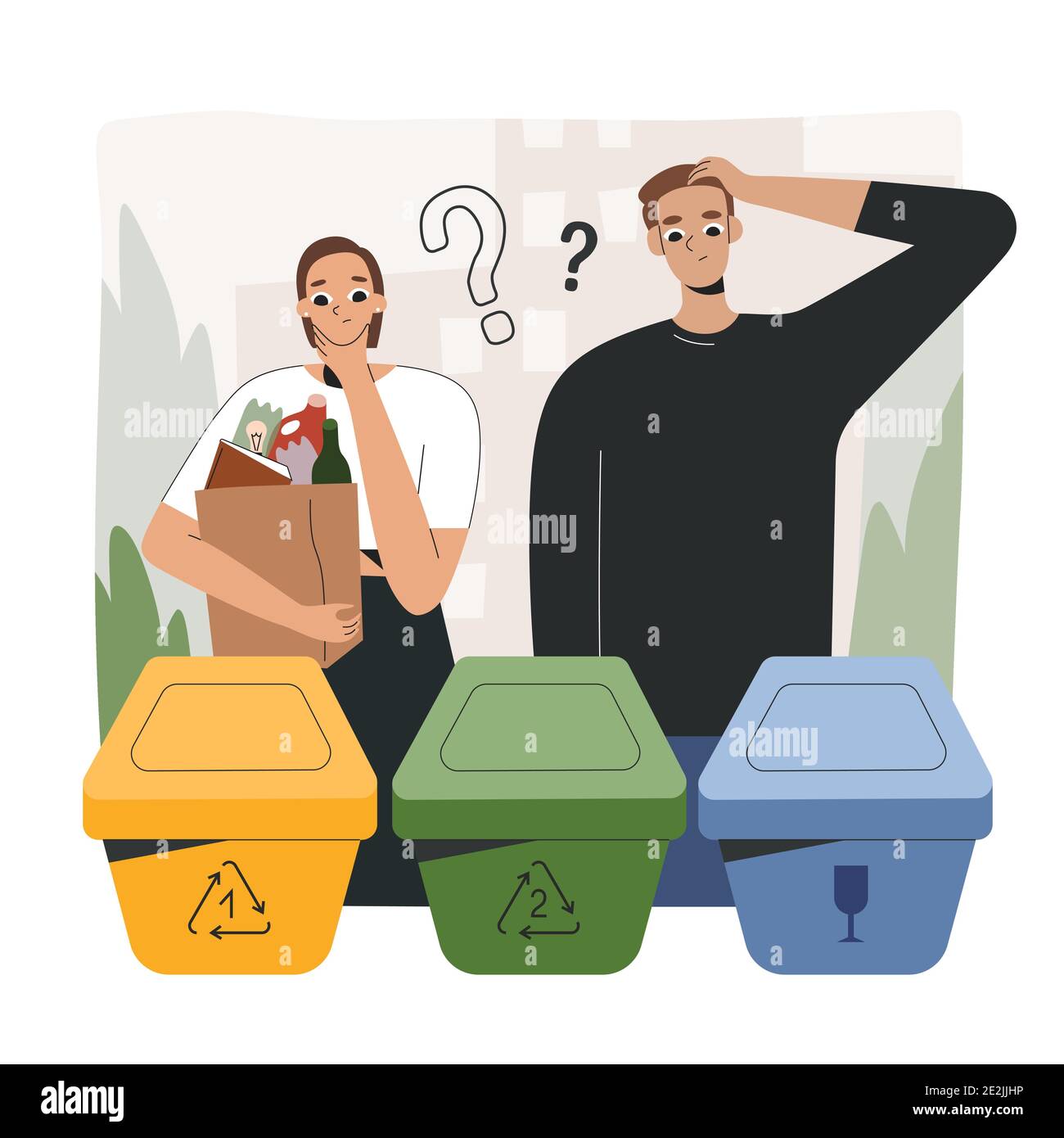 I giovani saccheggiano rifiuti, perplessi a riciclare bidoni o contenitori di rifiuti, non sapendo come separare i rifiuti, vettore cartone animato Illustrazione Vettoriale