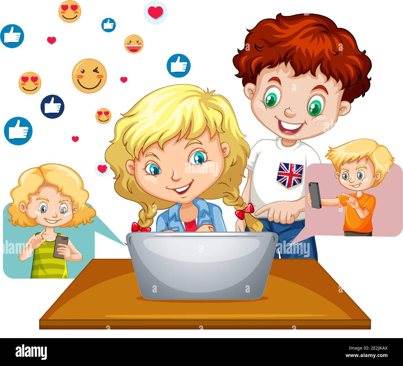 Bambini con elementi dei social media su sfondo bianco Illustrazione Vettoriale