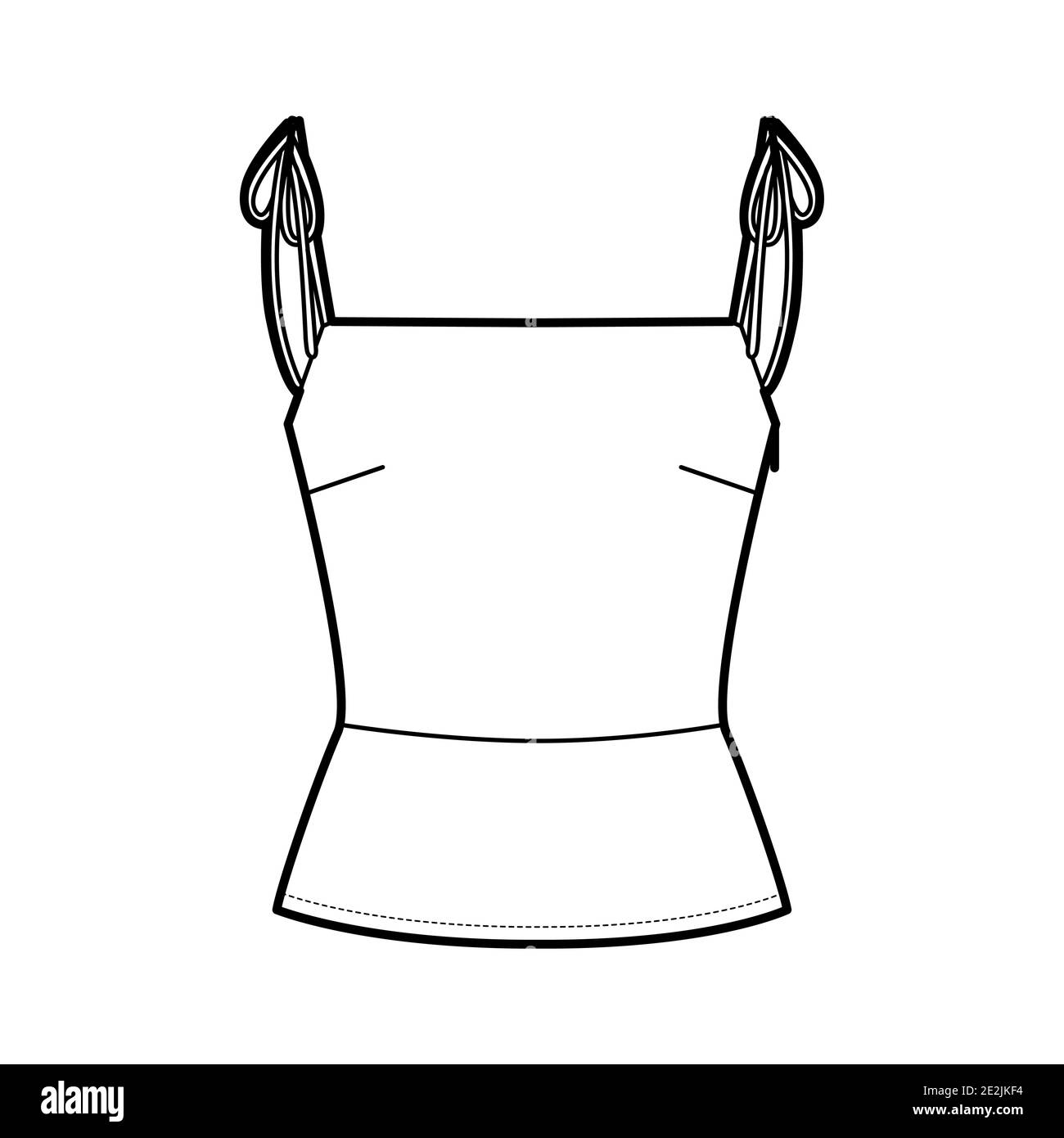 Top illustrazione tecnica della moda con calzata ravvicinata, tracolla con lacci, dorso in shirred. Outwear piatto camisole modello di abbigliamento frontale, colore bianco. Donne, uomini, Unisex camicia mockup CAD Illustrazione Vettoriale