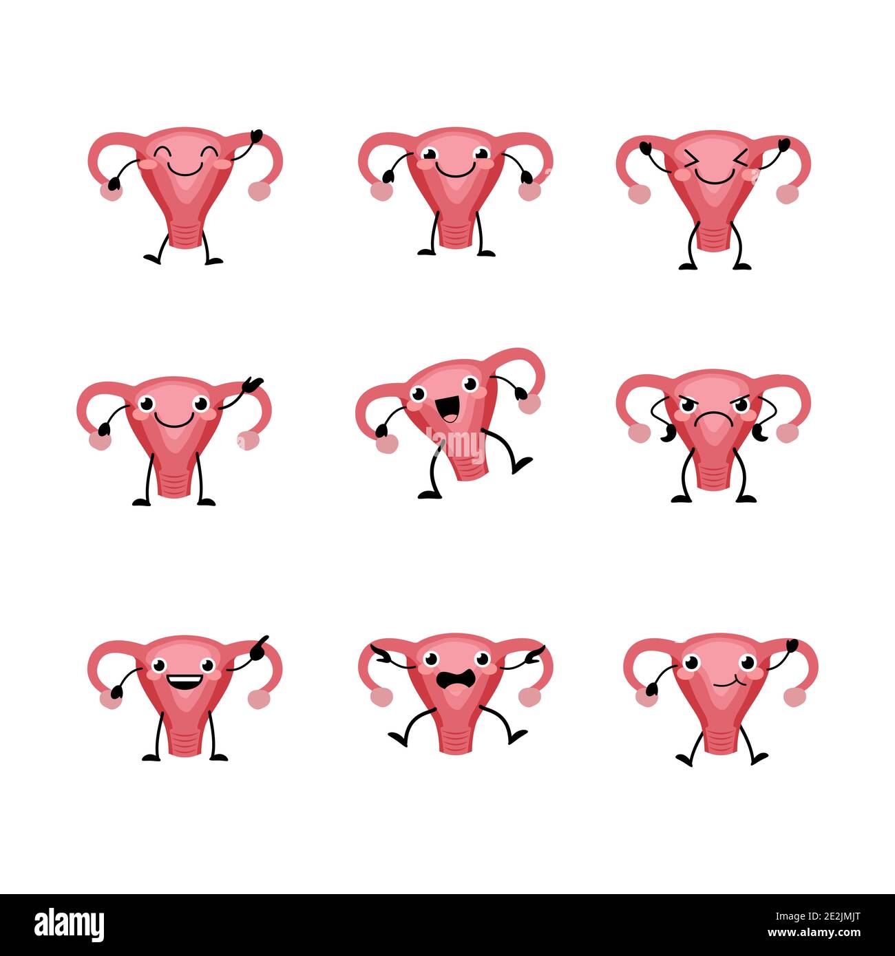 Carino femminile organi womb set di caratteri in uno stile cartoon piatto. Gli organi umani hanno le diverse emozioni. Illustrazione Vettoriale