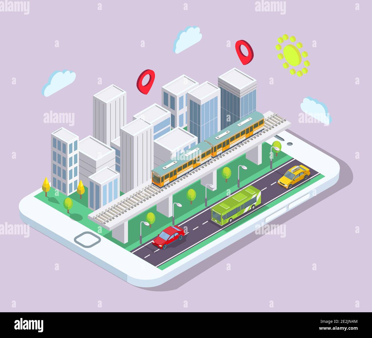 Città isometrica con trasporto pubblico sullo schermo dello smartphone, immagine vettoriale piatta. App mobile per i trasporti pubblici. Illustrazione Vettoriale