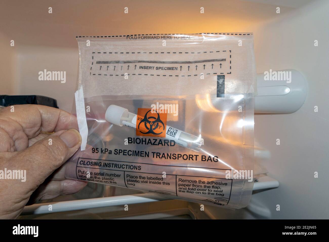 Inghilterra, Regno Unito. 2021. Tampone per analisi del coronavirus in un flaconcino di plastica contenuto in un sacchetto a bionocciola in un frigorifero per mantenerlo fresco prima di essere prelevato per l'analisi. Foto Stock