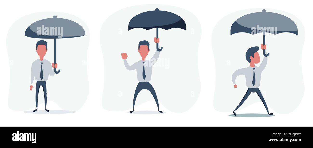 Uomo di affari con un ombrello. Ritratto a lunghezza intera di uomo d'affari con ombrello aperto, isolato su bianco Illustrazione Vettoriale