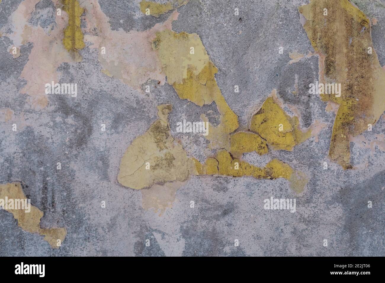 Parete grigia in cemento intemperie con trama di vernice gialla, vecchio rustico, spazio libero per testo o pubblicità, tonato Foto Stock