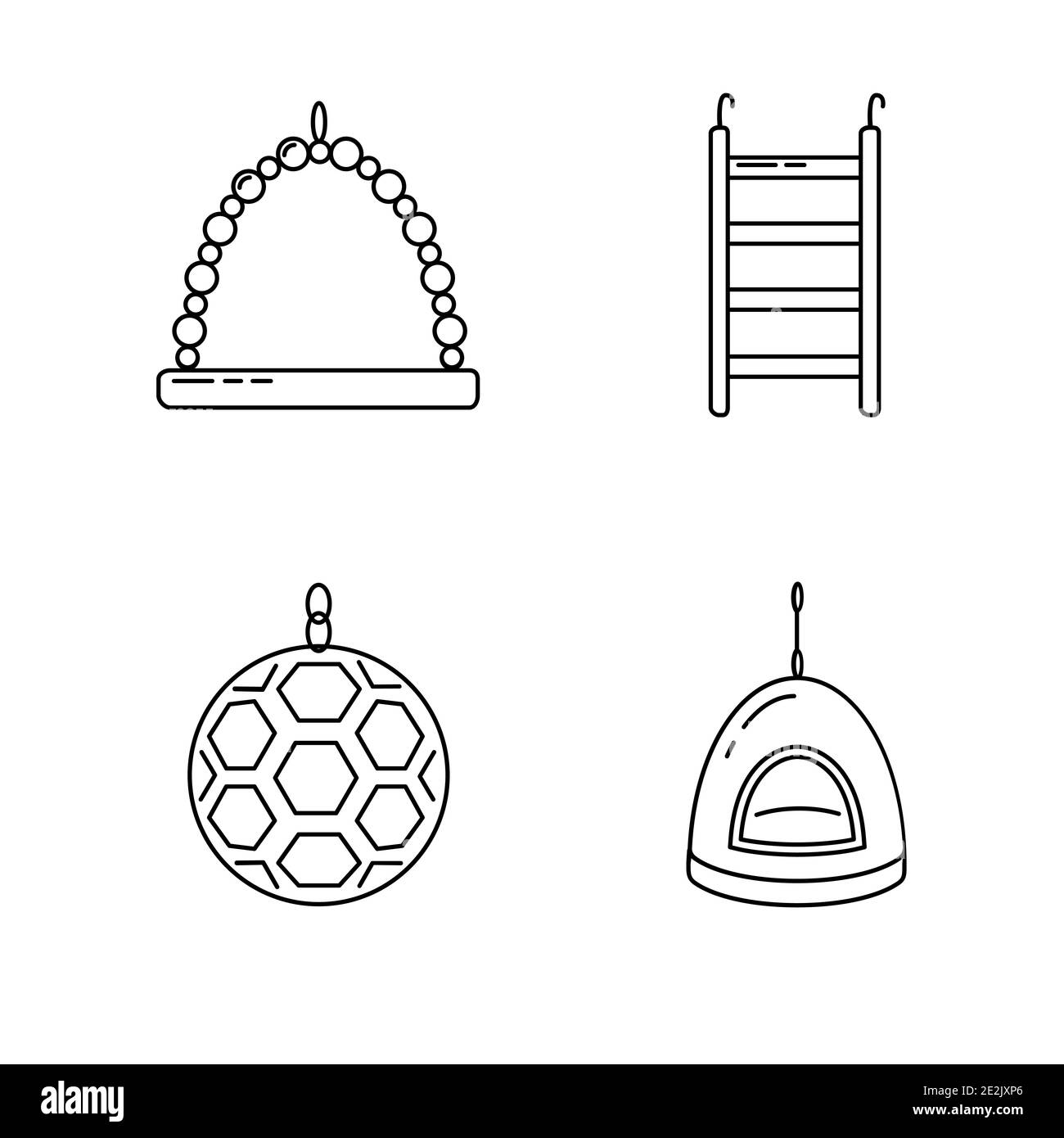Set di accessori per pappagallo, canarino o altro uccello in gabbia. Raccolta di forniture per animali domestici in linea sottile. Illustrazione Vettoriale